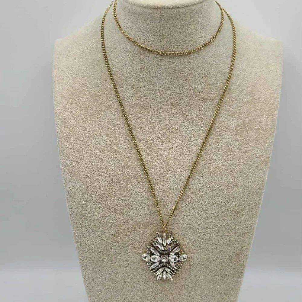 J Crew Art Deco Gold Tone Clear Crystal Pendant
